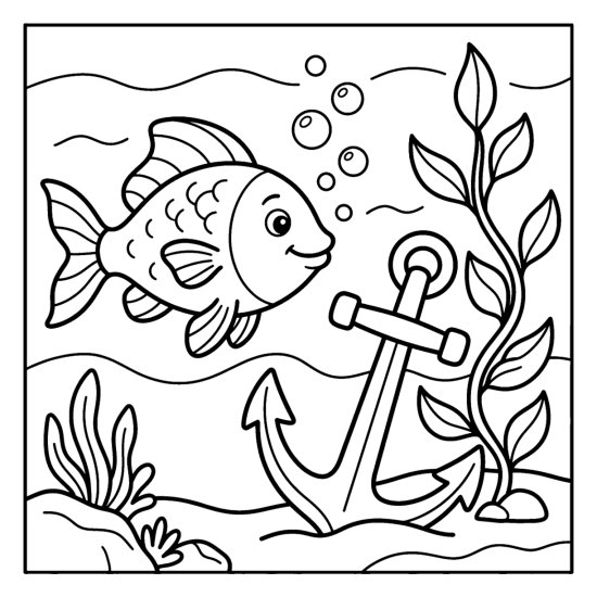 A fish swims beside an old anchor resting on the seabed, coloring page