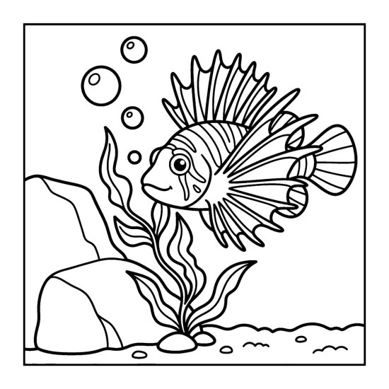 A lionfish with fanned spiny fins drifts near a rock, coloring sheet