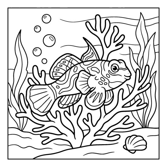 A patterned mandarin fish weaves through branching coral, bold and easy