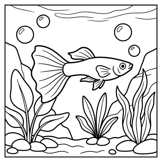 A small guppy with a wide fan tail swims among soft water plants, coloring page