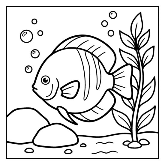 A round discus fish glides past a tall water plant, coloring sheet