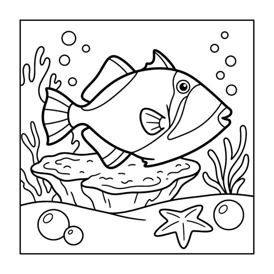 A triggerfish swims over a coral ledge beside a starfish, bold and easy