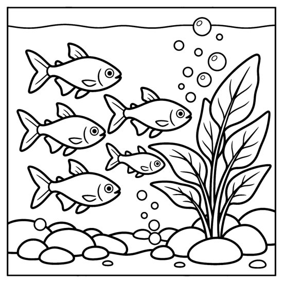 A small school of tetra fish darts past a leafy water plant, coloring page