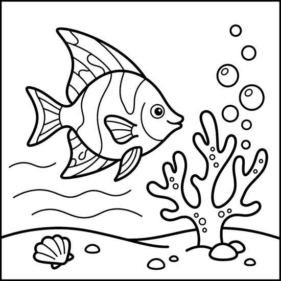 An angelfish glides past tall coral with a shell and bubbles, bold and easy