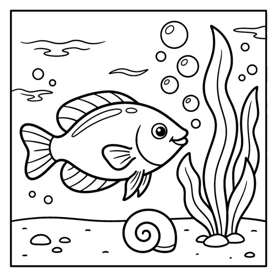 A gourami fish blows a trail of round bubbles near tall seaweed, coloring sheet
