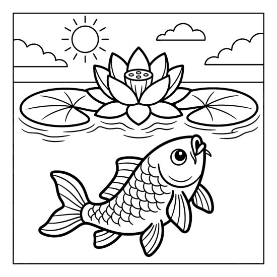 A carp swims up toward the surface beneath a blooming lotus, bold and easy