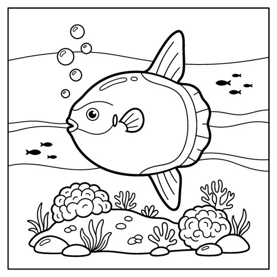 A big round sunfish drifts in open water above a coral mound, coloring page