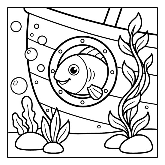 A fish peeks through the round porthole of a sunken ship, coloring sheet