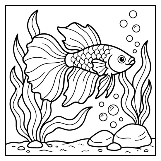 A betta fish with flowing fins drifts among wavy seaweed, coloring page
