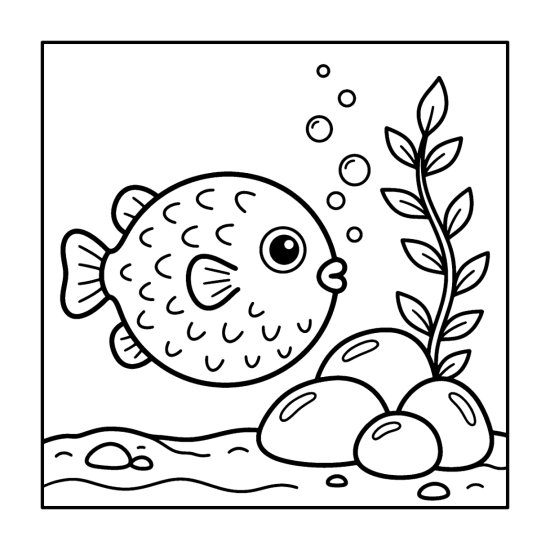 A round puffed pufferfish floats beside a cluster of rocks and seaweed, coloring sheet