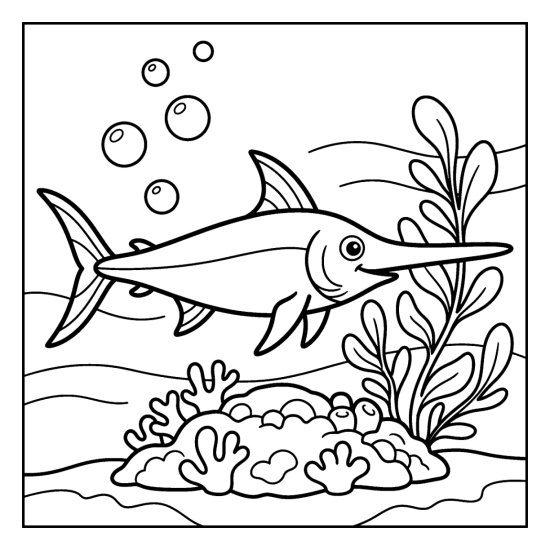 A swordfish glides through open water above a low coral mound, coloring page