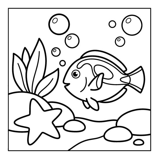 A blue tang swims over a coral reef beside a starfish, coloring sheet