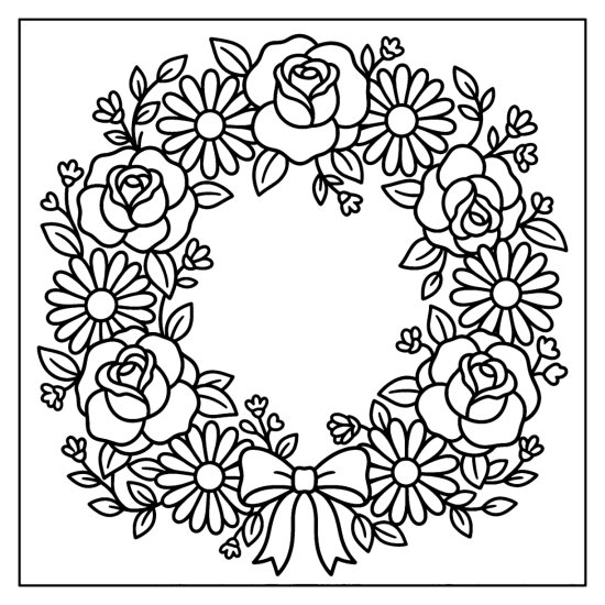 A round wreath of roses, daisies, and leaves with a bow at the bottom, coloring page