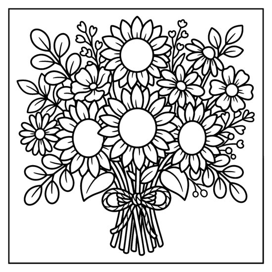 An abundant bunch of sunflowers and wildflowers bound with twine, coloring sheet