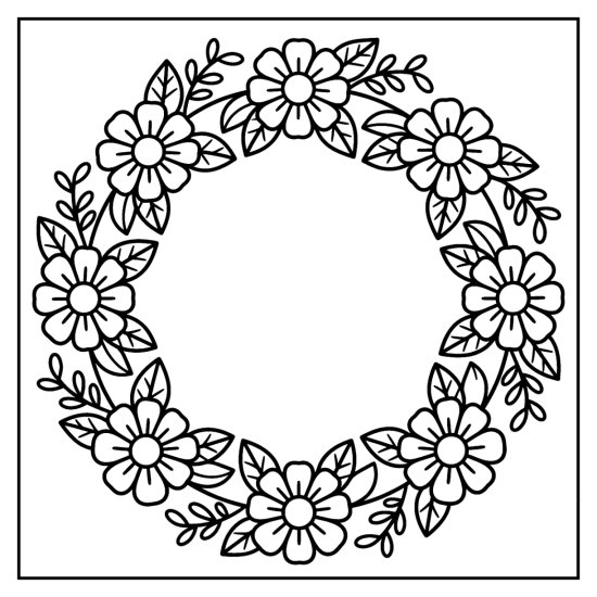 A decorative ring of repeating petals and leaves around an open center, coloring page