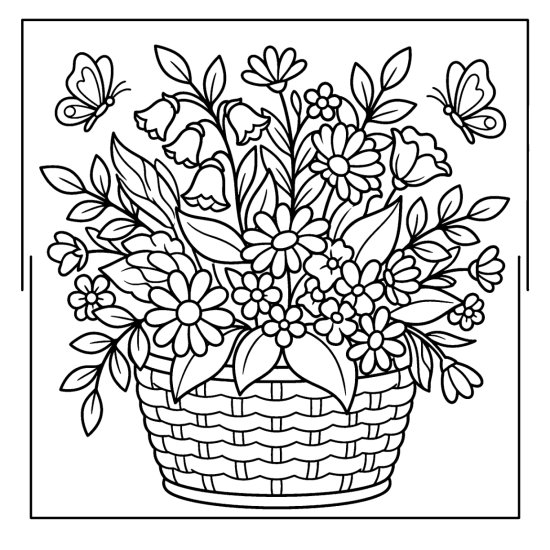 A woven basket overflowing with mixed blooms and leaves with butterflies, coloring sheet