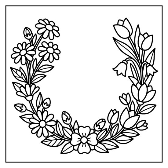 A half wreath arc of blooms and leaves rising up at each end, coloring page