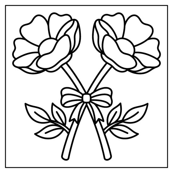 Two crossed flower stems with large blooms meeting at a ribbon in the center, coloring sheet