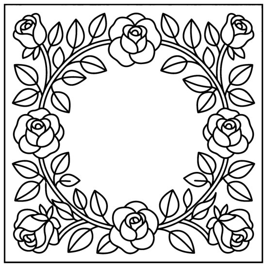 A floral frame of roses and leaves around a blank oval center, coloring page