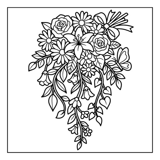 A cascading bouquet spilling downward with trailing flowers and leaves, coloring sheet