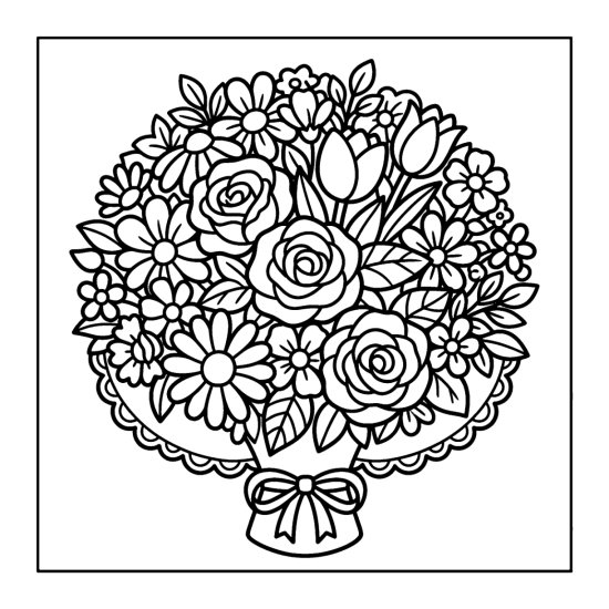 A round posy of tightly packed flowers wrapped in a lace collar with a bow, coloring page