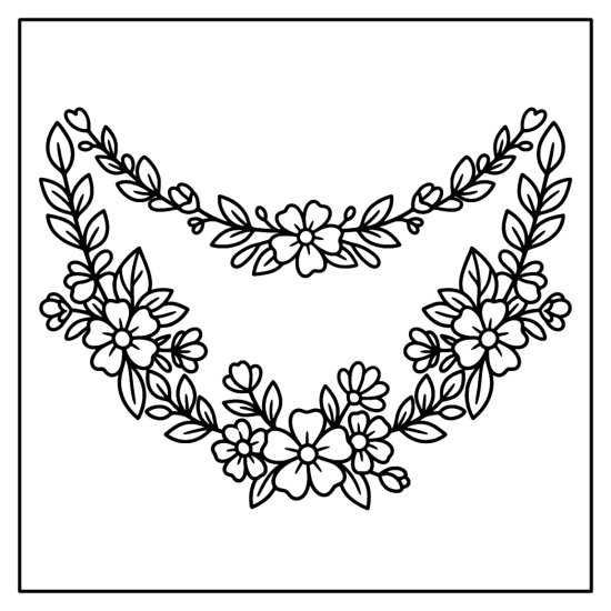 A flower garland looped into two scallops with blooms at each dip, coloring sheet
