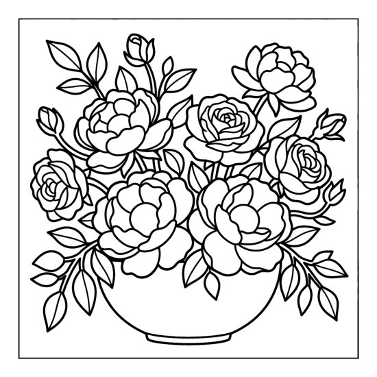 A peony and rose arrangement spilling from a wide low bowl, coloring page