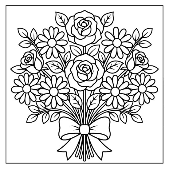 A symmetrical bouquet of roses and daisies tied with a ribbon at the base, coloring sheet