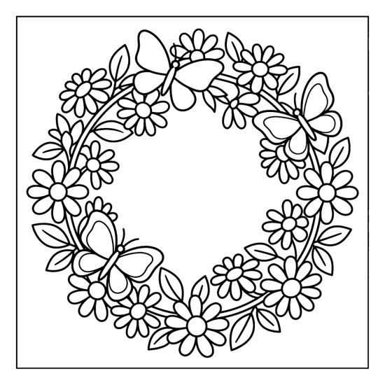 A round wreath of daisies and leaves with three resting butterflies, coloring page