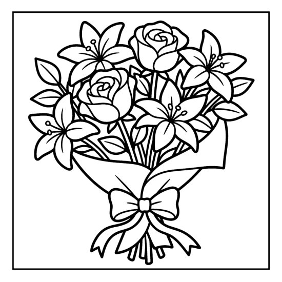 A bouquet of lilies and roses wrapped in paper and tied with a bow, coloring sheet