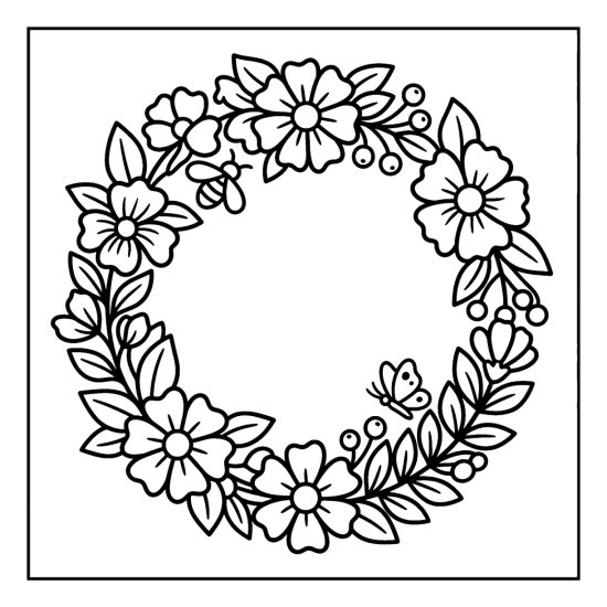 A delicate circlet of small flowers and leaves forming an open ring, coloring page