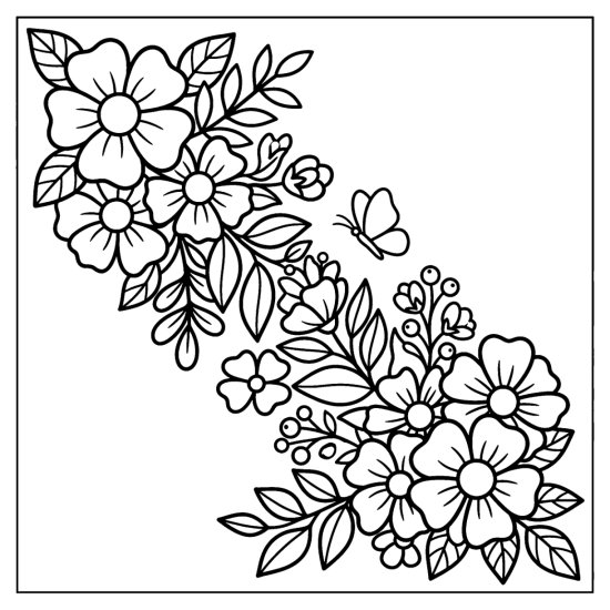 A diagonal floral spray of blooms and leaves crossing the page corner to corner, coloring sheet
