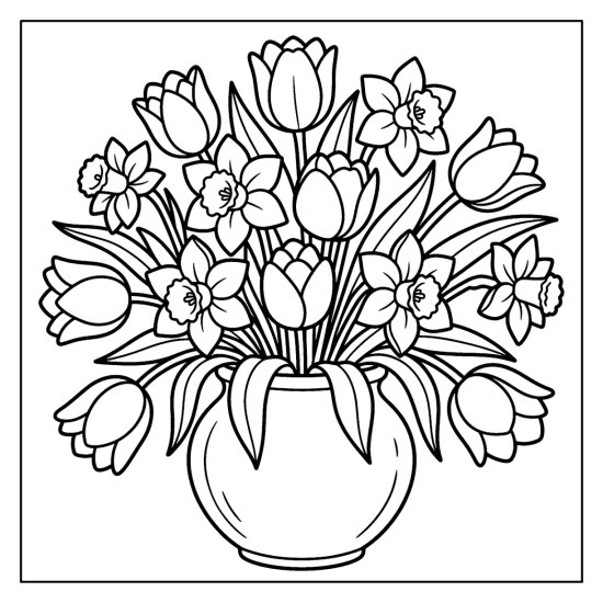 A vase of tulips and daffodils with a spreading arrangement of blooms, coloring page
