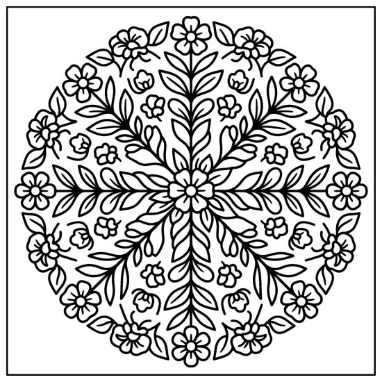 A round floral medallion with a central bloom and leaves radiating outward, coloring sheet