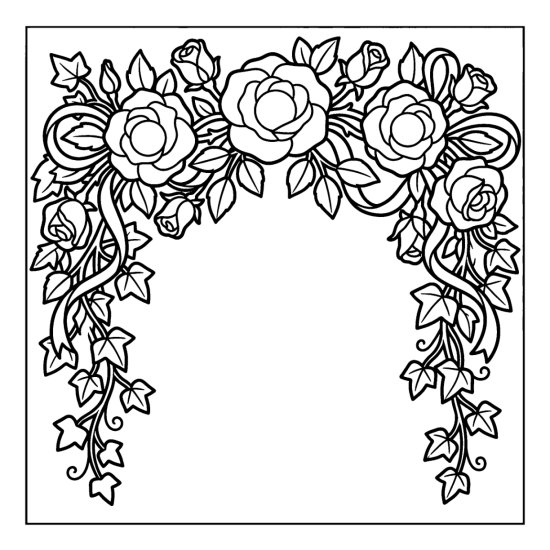 A swag of roses and trailing ivy draped across the top of the page, coloring page