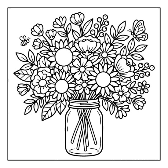 A mason jar holding a wide bouquet of mixed flowers spilling out, coloring sheet