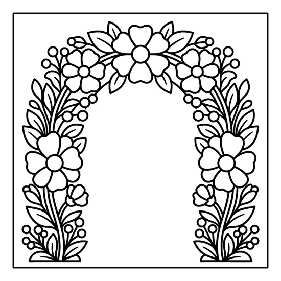 A floral arch of blooms and leaves curving over an open center, coloring page