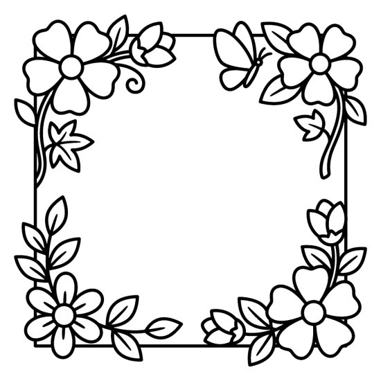 A rectangular floral frame with flower clusters in each corner and an open center, bold and easy