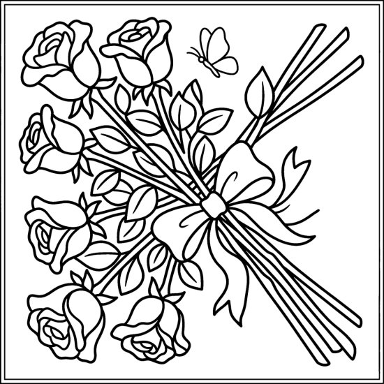 A bundle of long stem roses tied with a bow lying diagonally, coloring sheet