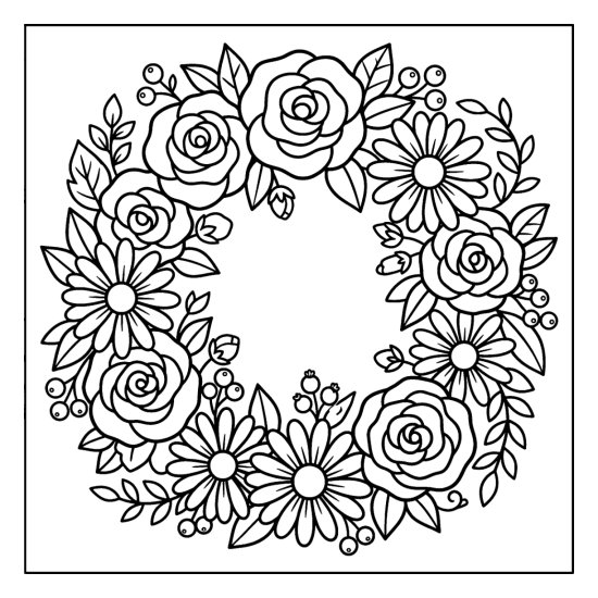 A round wreath of mixed flowers with small berries and leaves throughout, coloring page