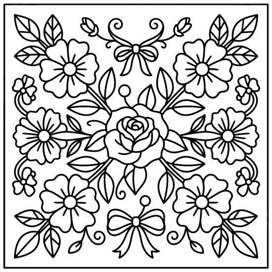 A symmetrical floral motif with a central rose and mirrored side blooms, coloring sheet