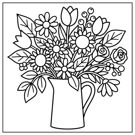 A flowing bouquet of mixed blooms in a tall pitcher spreading wide, coloring page