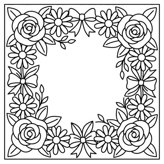 A double floral border framing all four edges with roses and daisies, coloring sheet