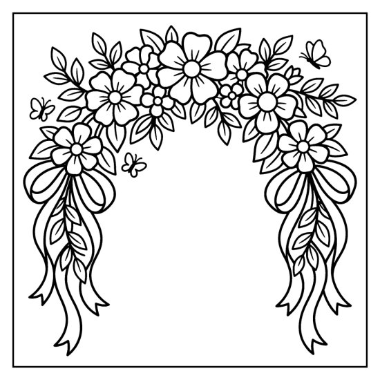 A floral swag of blooms and leaves draped in an arc with trailing ribbon ends, coloring page