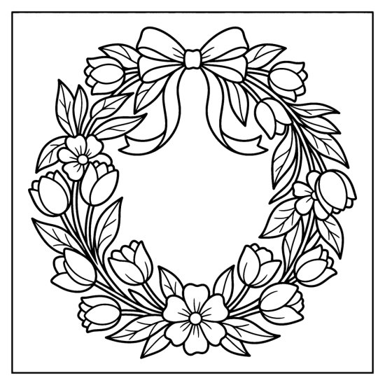 bold and easy floral coloring pages with an oval wreath of tulips and leaves and a bow at the top, coloring sheet