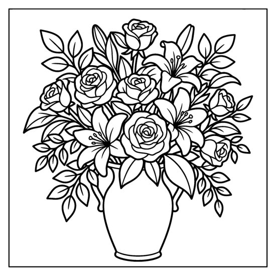 A tall vase overflowing with roses, lilies, and leaves filling the page, coloring sheet