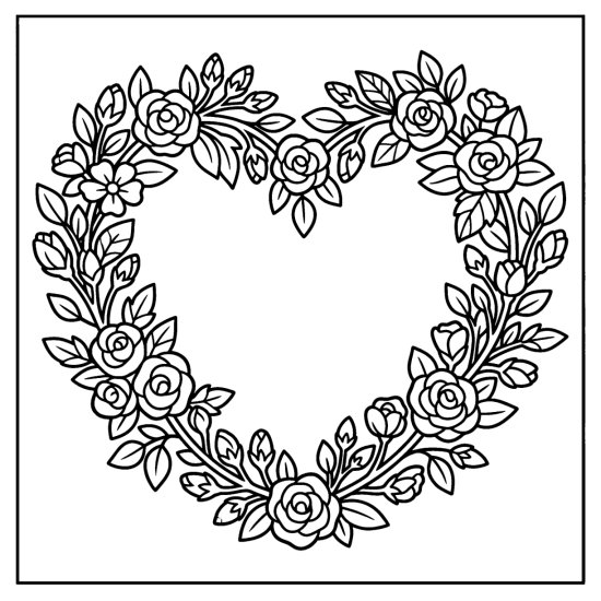 A heart shaped wreath of small roses, buds, and leaves around an open center, coloring page