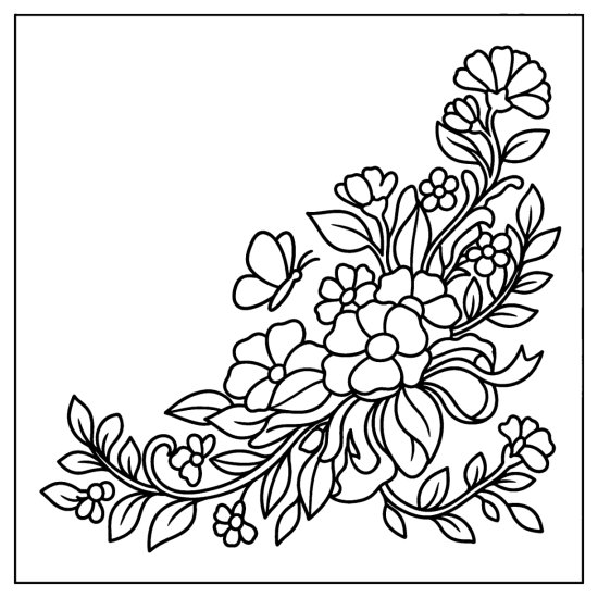 A flowing corner spray of flowers and leaves curving in from the lower corner, coloring sheet