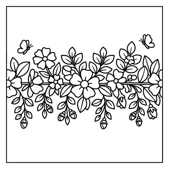 A straight garland of flowers and leaves with small buds hanging beneath, coloring page