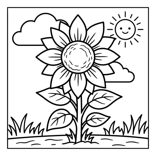 A single large sunflower with broad petals growing in a garden under a smiling sun, coloring page